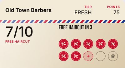 Tarjeta de sellos de una barbería: 7 de 10, corte gratis en 3.