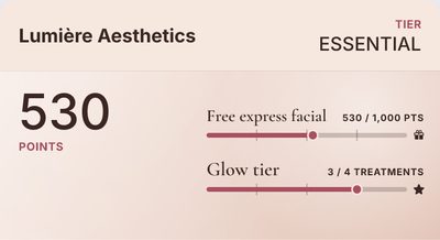 Tarjeta de una clínica estética: 530 puntos de 1.000 para un facial express.